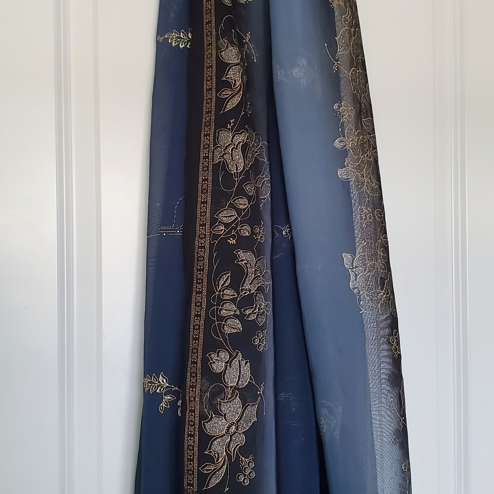 Elegant Navy Blue Floral Scarf With Fringe